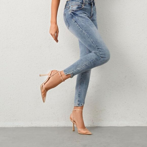 Women Nude Mesh Pumps Stiletto Wedding Dress Closed Toe Ankle Strap Heel Shoes - Picture 5 of 7